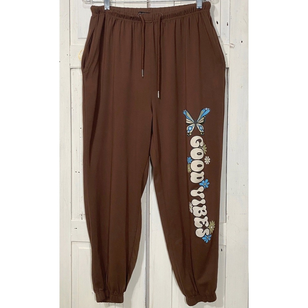 Charlotte Russe Brown Good Vibes Butterfly Graphic Joggers Sweatpants L Pockets